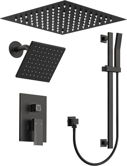 Celling Mount 64 Color LED Mood Lighting Dual Rainfall Shower Head Faucet, 12 Inch Rainfall Shower System (Matte Black)