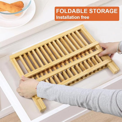 KKTONER Bamboo Dish Drying Rack 2 Tier Foldable Plate Organizer Collapsible Plate Organizer Holder for Kitchen Countertop (Natural)