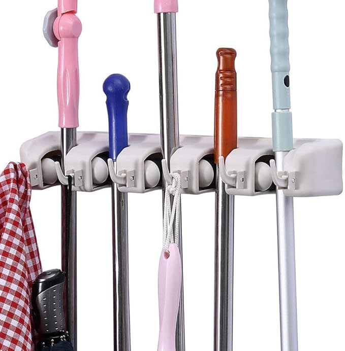 Berry Ave Broom Holder Wall Mount and Garden Tool Organizer, Closet Storage, Kitchen Rack, Home Organization and Garage Organizer for Rake or Mop Handles Up to 1.25-Inches, Hanger Plus 6 Hooks (Grey)
