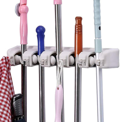 Berry Ave Broom Holder Wall Mount and Garden Tool Organizer, Closet Storage, Kitchen Rack, Home Organization and Garage Organizer for Rake or Mop Handles Up to 1.25-Inches, Hanger Plus 6 Hooks (Grey)