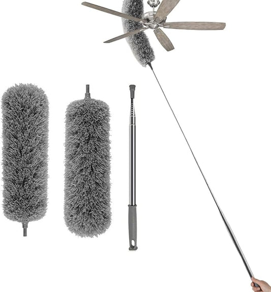 Microfiber Cobweb Duster with 16-100 Inch Extension Pole, Washable Cleaning Duster Kit with 2 Duster Heads Bendable Washable Head Ceiling Fan Duster for High Ceilings, Blinds, Furniture & Car Cleaning