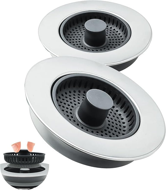 2 Pack 3 in 1 Kitchen Sink Drain Strainer Stopper & Stainless Steel Kitchen Sink Strainers Plug & Upgraded Sink Installation Parts with Anti-Clogging Basket, Fits US Standard 3-1/2'' Hole