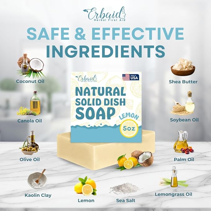 Non Toxic Dish Soap Bar – Natural Solid Dish Soap with Lemon Scent – Eco Friendly, Zero Waste, Plastic Free Kitchen Dishwashing Block – Long-Lasting, Gentle on Hands and Tough on Grease – Made in USA