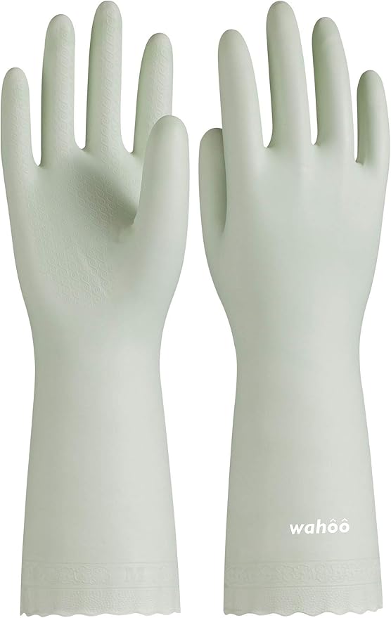 LANON wahoo Skin-Friendly Cleaning Gloves, Dishwashing Kitchen Gloves with Cotton Flocked Liner, Reusable, Non-Slip, Canary Green, Medium
