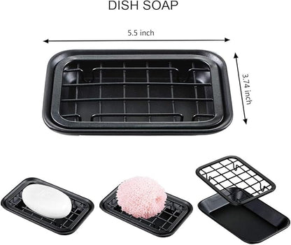 SheeChung Kitchen and Bathroom Soap Dish Tray - Metal Soap Dish Tray with Drainage Grid and Holder for Kitchen Sink Countertops to Store Soap, Sponges, Scrubbers - Rust Resistant (1 Pack, Black)