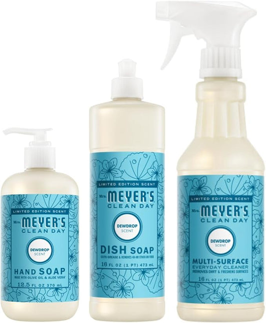 Mrs. MEYER'S CLEAN DAY Kitchen Essentials Set, Includes: Hand Soap, Dish Soap, and All Purpose Cleaner, Dewdrop, 3 Count Pack