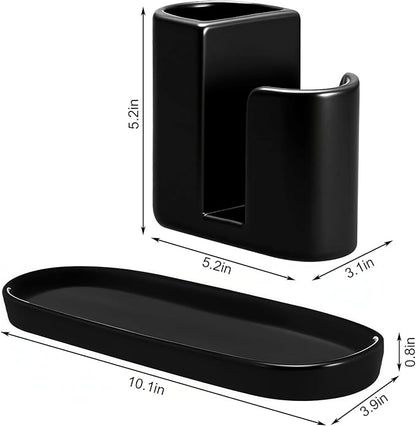 Geelin 3 in 1 Ceramic Kitchen Sink Caddy Dish Sponge Holder Scrub Brush Holder and Soap Tray for Kitchen Organizer Rustic Farmhouse Supplies(Black)