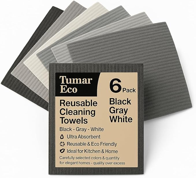 Swedish Dishcloths – Reusable, Super Absorbent & Biodegradable Cleaning Cloths, Eco-Friendly Cellulose Sponge Rags for Kitchen, Dishes & Counters – 6 Pack (Black, Gray, White)