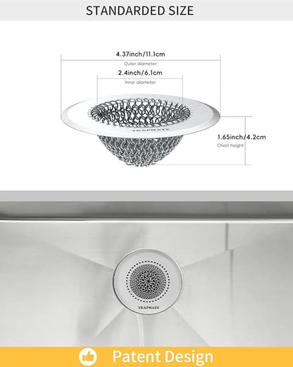 TRAPMATE Kitchen Sink Drain Strainer, Reversible Chain Mesh Sink Strainer, 304 Stainless Steel Anti-Clogging & Easy Clean Sink Strainer Basket, Fits US Standard Kitchen Sink Drains, Dishwasher Safe