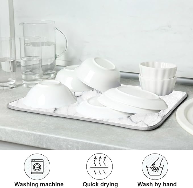 White Grey Marble Dish Drying Mat for Kitchen Counter Absorbent Microfiber Drying Pad, Large 18x24 in, Reversible Drainer Mats