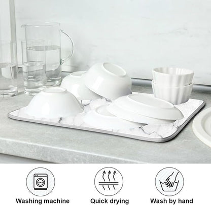 White Grey Marble Dish Drying Mat for Kitchen Counter Absorbent Microfiber Drying Pad, Medium 16x18 in, Reversible Drainer Mats