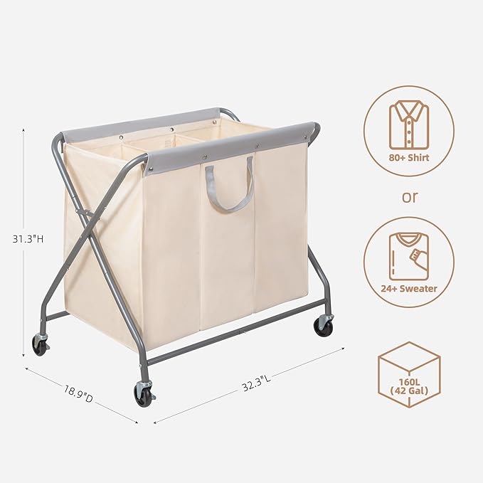 STORAGE MANIAC 160L Collapsible Laundry Hamper with Wheels, Rolling Laundry Basket, Heavy Duty Cloth Sorter with Removable Bag, Folding X Frame Clothes Organizer Cart for Easy to Store, 3 Section