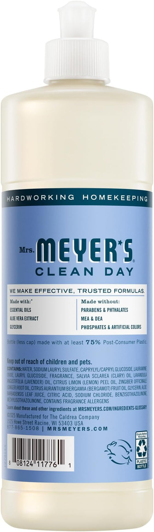MRS. MEYER'S CLEAN DAY Liquid Dish Soap, Bluebell Scent, 16 Fl Oz Bottle - 3 Pack