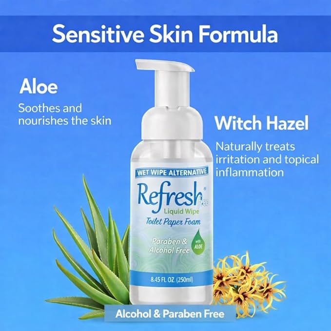 Refresh Liquid Wipe Free: Toilet Paper Foam (Sensitive Skin Foam, 250ml (8.45 Fl Oz) 1 Pack)