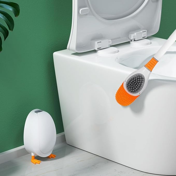 Veemoon Silicone Toilet Brush and Holder with Soft Bristles, Cute Diving Bird Design, Wall-Mounted and Floor-Standing for Bathroom Cleaning Tools and Household Use, White