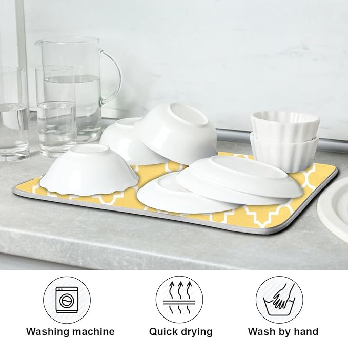 Super Absorbent Dish Drying Mat, Microfiber Fast-Drying Dish Mat, 24" x 18", Kitchen Dish Drying Pad, Quatrefoil Lattice Yellow Pattern