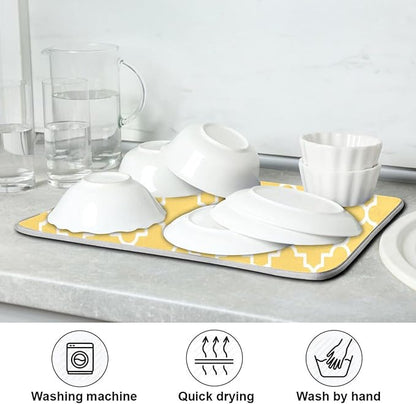 Super Absorbent Dish Drying Mat, Microfiber Fast-Drying Dish Mat, 24" x 18", Kitchen Dish Drying Pad, Quatrefoil Lattice Yellow Pattern