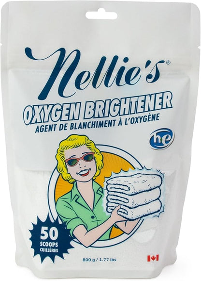 Nellie’s Oxygen Brightener –Powder Stain Remover for Laundry – Brightens Whites, Protects Colors – Bleach-Free, Septic-Safe (50 Scoops) - Made in Canada
