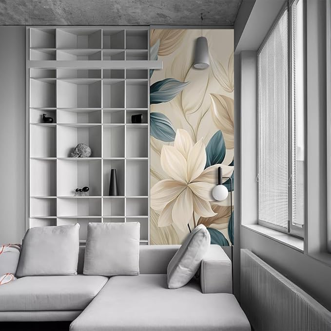 REDAMANCY Cream White Floral Modern Peel and Stick Door Stickers Vinyl 3D Door Mural Decals Decor Wallpaper Self-Adhesive, Waterproof, Removable