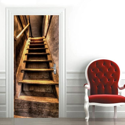 3D Door Stickers Murals Peel and Stick - Wooden Stairs Wallpaper Self-Adhesive Decals Removable PVC Waterproof Poster for Bedroom Living Room 33.9" x 78.7"