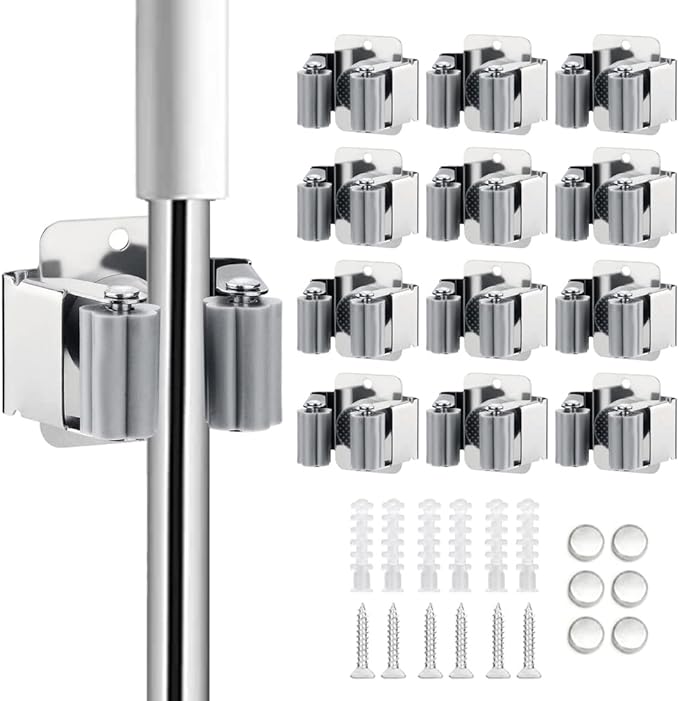 JAMEND CLXP 12PCS Broom and Mop Holder, Heavy Duty Garden Tool Organizer Rack Rake and Shovel Handle, Stainless Steel Mop Hanger. Wall Mounted Utility Rack with Screws, Silver