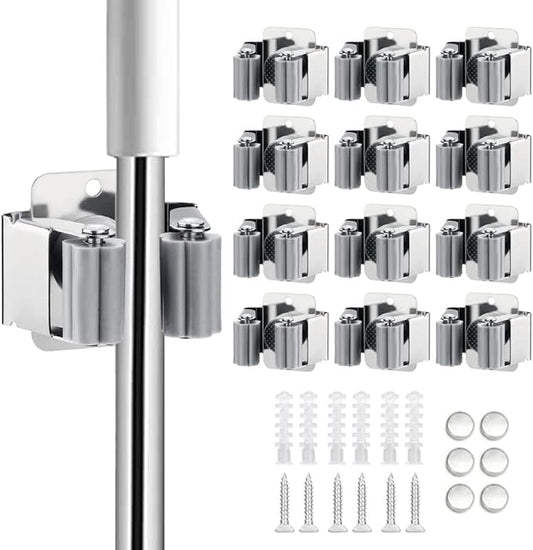 JAMEND CLXP 12PCS Broom and Mop Holder, Heavy Duty Garden Tool Organizer Rack Rake and Shovel Handle, Stainless Steel Mop Hanger. Wall Mounted Utility Rack with Screws, Silver