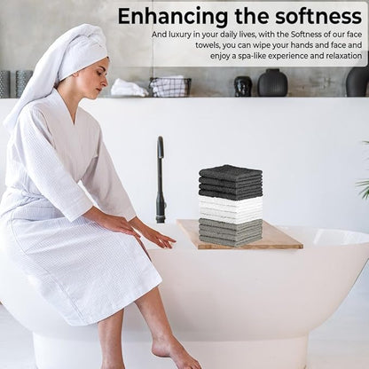 100% Cotton Washcloth Set – Soft, Absorbent Face Towels for Bathroom & Gym Use –Reusable, Durable & Machine Washable - Dark Grey, White & Light Grey, 12x12 Inches, Pack of 12
