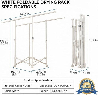 Clothes Drying Rack, Double Rod Extendable 33.1–56.7 Inches, No Assembly & Foldable Clothing Rack for Hanging Clothes with Wheels, for Indoor Outdoor Laundry Room Organization, White