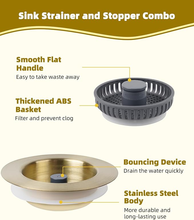 Hygie Rinse 3 in 1 Kitchen Sink Strainer, Pop Up Gold Sink Stopper Drainer with for US Standard 3-1/2 inch Drain Filter, Equiped with Additional 2pcs Strainers, Anti-Clog