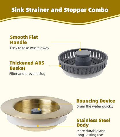 Hygie Rinse 3 in 1 Kitchen Sink Strainer, Pop Up Gold Sink Stopper Drainer with for US Standard 3-1/2 inch Drain Filter, Equiped with Additional 2pcs Strainers, Anti-Clog