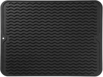 MicoYang Silicone Dish Drying Mat for Multiple Usage,Easy clean,Eco-friendly,Heat-resistant Silicone Mat for Kitchen Counter or Sink,Refrigerator or drawer liner Black L 16 inches x 12 inches