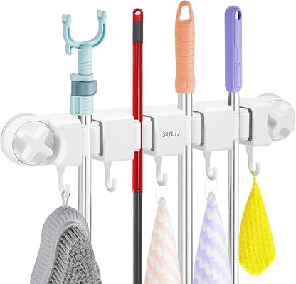 Broom Holder Wall Mount Sturdy Mop and Broom Organizer with 4 Racks and 5 Hooks Vacuum Suction Cup Broom Mop Holder for Home, kitchen, Garden, Tools, Garage