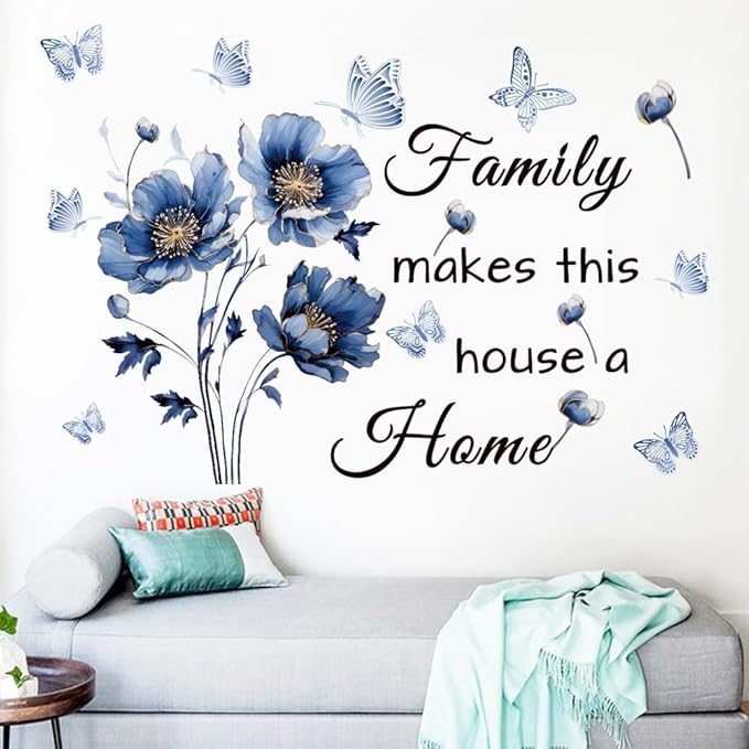 Blue Family Quote Wall Stickers Family Make This House a Home Wall Decals Peel and Stick Vinyl Wall Sticker for Living Room Bedroom Office (Blue-Black)