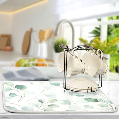 Sage Green Leaves Dish Drying Mat for Kitchen Counter Watercolor Branch Plant Drying Mat 16 x 18 Inch with High Absorbent Reversible Microfiber Dish Drying Pad Drainer Mat for Coffee Bar
