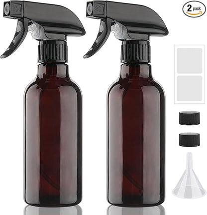 Glass Spray Bottles 12oz Empty Spray Bottle Mist/Stream Spraying Small Refillable Containers for Hair Care, Cleaning Solutions, Plants, Essential Oils 2 Pack (Brown, 12oz)