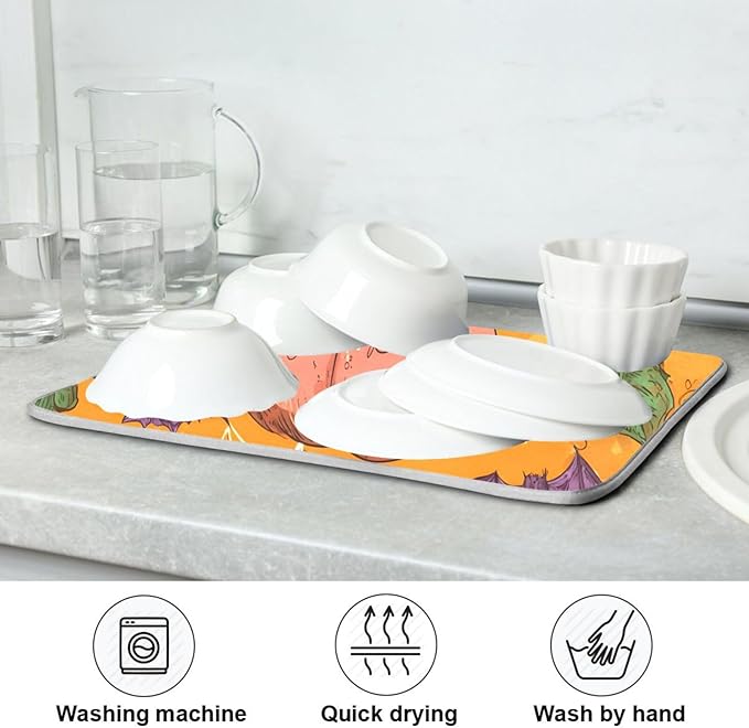 Halloween Colorful Pumpkin Pattern Dish Drying Mat for Kitchen Counter Super Absorbent Drying Mat 16x18 inch Large Dish Drying Matts for Countertop Protector Dishes Pad