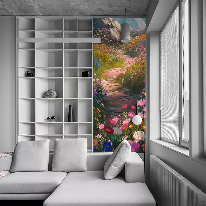 REDAMANCY Pink Blue Orange Wildflower Pathway Peel and Stick Door Stickers Vinyl 3D Door Mural Decals Decor Wallpaper Self-Adhesive, Waterproof, Removable