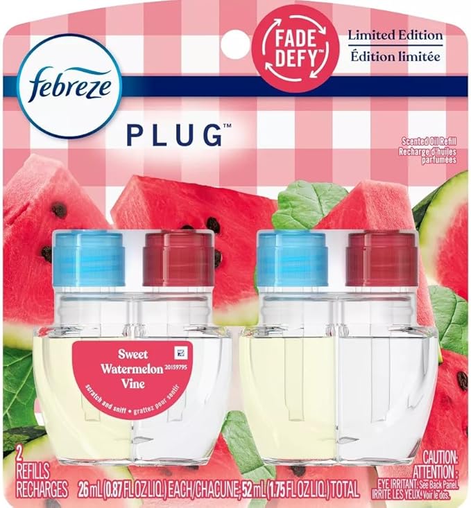 Febreze Plug with Fade Defy Technology Air Freshener - New Limited Edition - (2) of 0.87 fl oz Refills (Sweet Watermelon Vine)