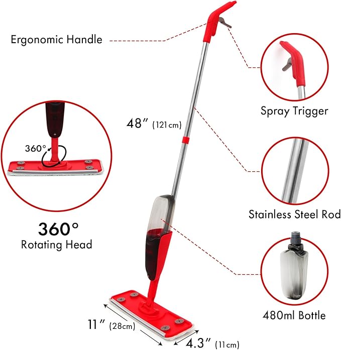 Premium Spray Mop for Floor Cleaning - 10 Disposable Sheets, Hard Wood Floor Cleaner for Mess Free Mopping and Shining