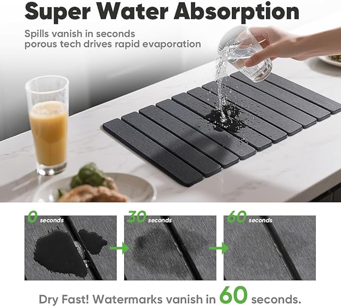 Stone Dish Drying Mat for Kitchen Counter - 24" x 16" Ultra Absorbent Diatomaceous Earth Mat, Fast Drying & Foldable Countertop Protector, Non-Slip Eco-Friendly Stone Mat for Dishes