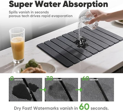 Stone Dish Drying Mat for Kitchen Counter - 24" x 16" Ultra Absorbent Diatomaceous Earth Mat, Fast Drying & Foldable Countertop Protector, Non-Slip Eco-Friendly Stone Mat for Dishes