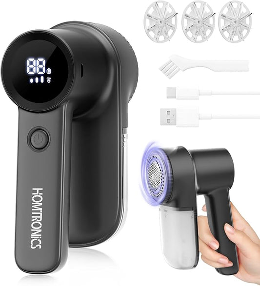 Rechargeable Fabric Shaver Lint Remover : 3-Speeds Sweater Shaver with LED Display & LED Light, Electric Lint Shaver for Clothing & Furniture, 3 Extra Blades, Type-C Fast Charging Port - Black