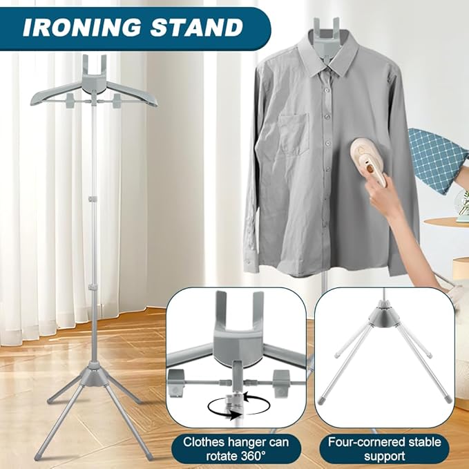 Clothes Steamer Stand Hanger Set, Height Adjustable Handheld Garment Steamer Rack with Ironing Gloves and Hair Remover ﻿for Easy Steaming and Storage, Birthday Gift for Mom Wife(Color:Grey)