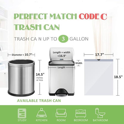 3 Gallon 220pcs Strong Drawstring Trash Bags Garbage Bags by Teivio, Bathroom Trash Can Bin Liners, Small Plastic Bags for home office kitchen, White