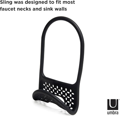 Umbra Sling Sponge Holder for Kitchen Sink – No Suction Cups, Flexible Caddy for Sinks and Faucets, Modern Design, Black