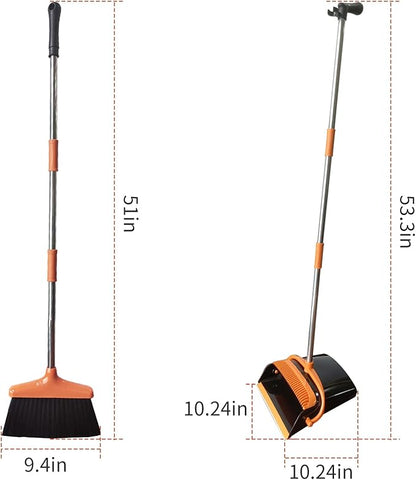 Broom and Dustpan Set for Home Long Handle (51" Length) Extendable Standing Dust Pan for Indoor Lobby Office Kitchen Cleaning (Black and Orange)