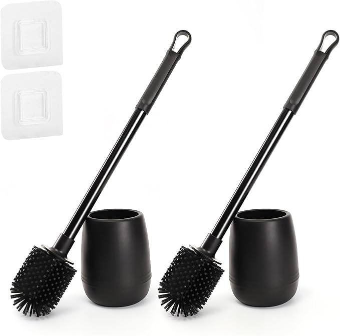 Silicone Toilet Bowl Brush and Holder 2 Pack Long Handle Toilet Brush for Bathroom Flexible Silicone Toilet Brush Set for Domestic Deep Cleaning Under Rims （Black）