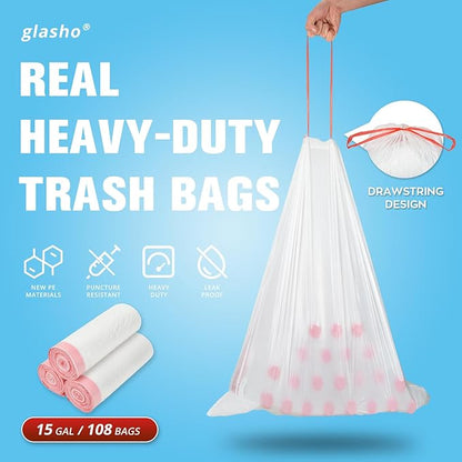 Ultra Thick 15 Gallon Drawstring Trash Bags, 108 Count Heavy Duty Large Plastic Garbage Bag, Leak Proof Trash Can Liners for Tall Kitchen Home Office Lawn Outdoor, White