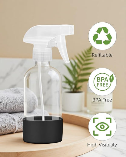 Worldgsb 4 Pack Glass Spray Bottles 8 oz, Empty Refillable Containers with Silicone Sleeve Protection, Glass Spray Bottles for Cleaning Solutions, Hair and Plants with Adjustable Nozzles Black&White