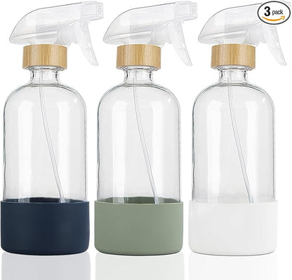 HOMBYS Empty Bamboo Glass Spray Bottles with Silicone Sleeve Protection - Refillable 17 oz Clear Glass Containers for Cleaning Solutions, Essential Oils, Misting Plants - Quality Sprayer - 3 Pack